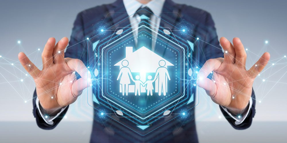 Businessman,On,Blurred,Background,Using,Family,Care,Insurance,Application,3d Businessman on blurred background using family care insurance application 3D rendering